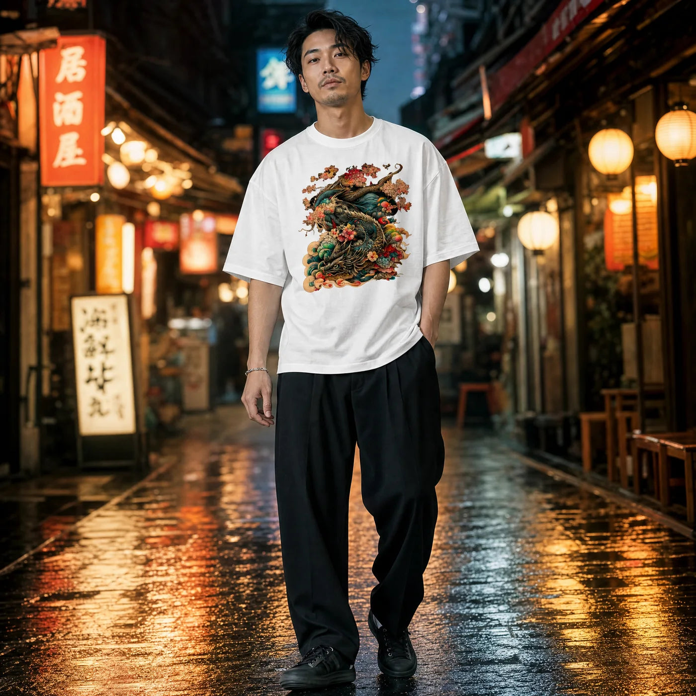 Dragon Bloom design worn in an alley