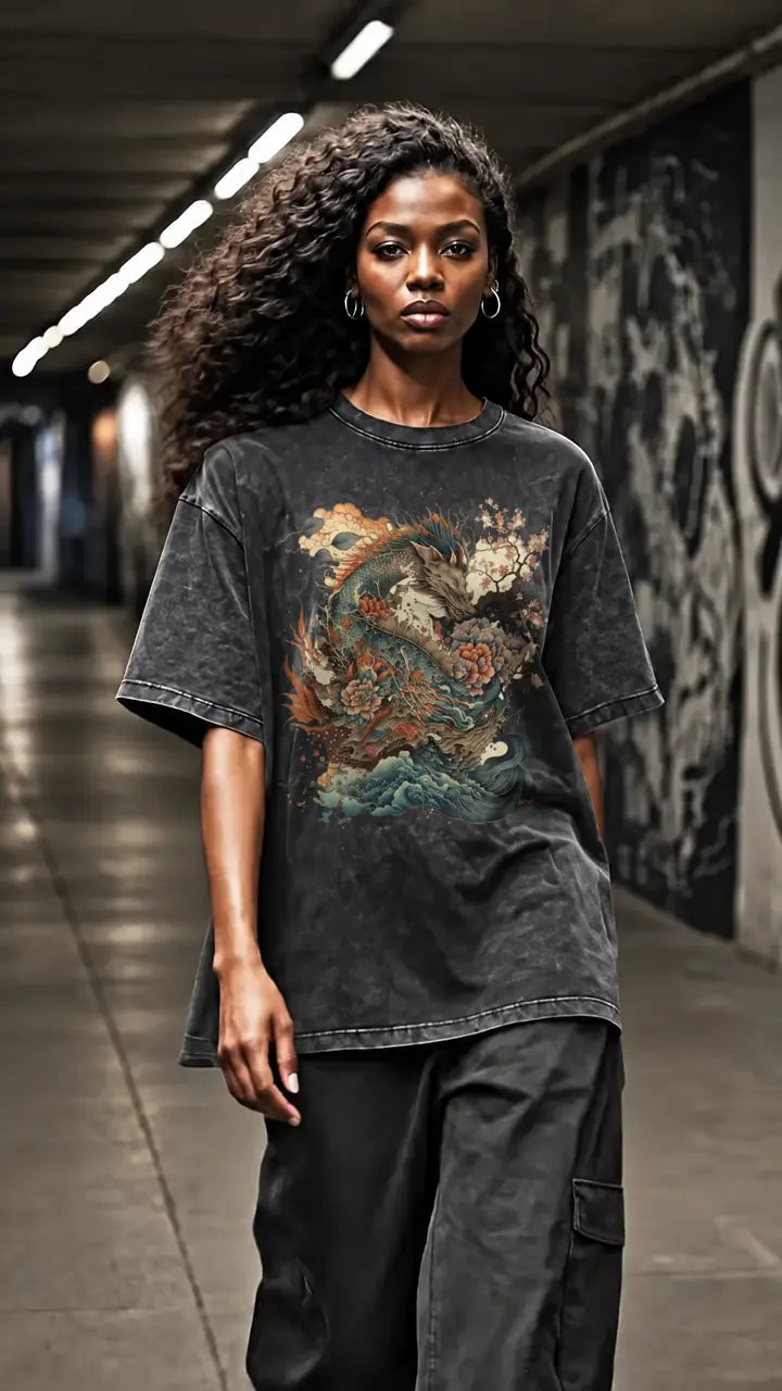 Dragon Sea Tee product 15530018177409 worn in charcoal, with the exact sea-dragon, wave and blossom print
