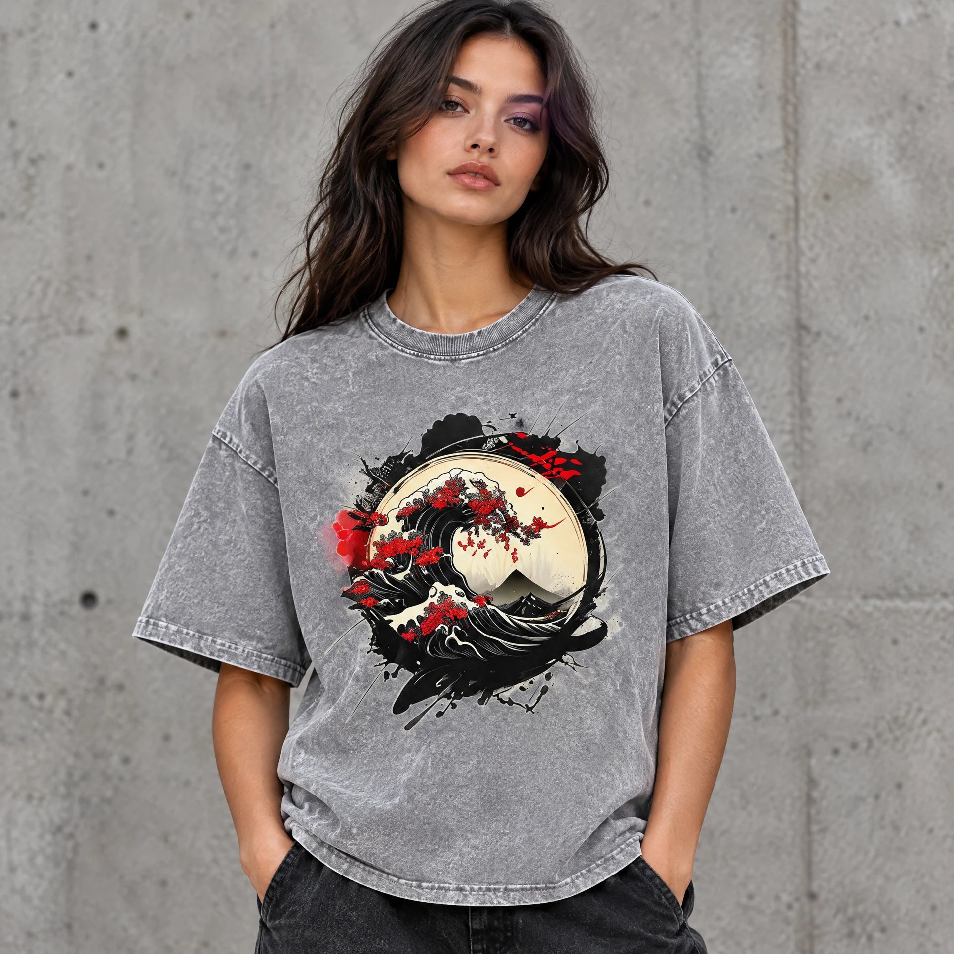 Red Wave Tee in Light Gray worn by a female streetwear model, with the exact supplied front graphic