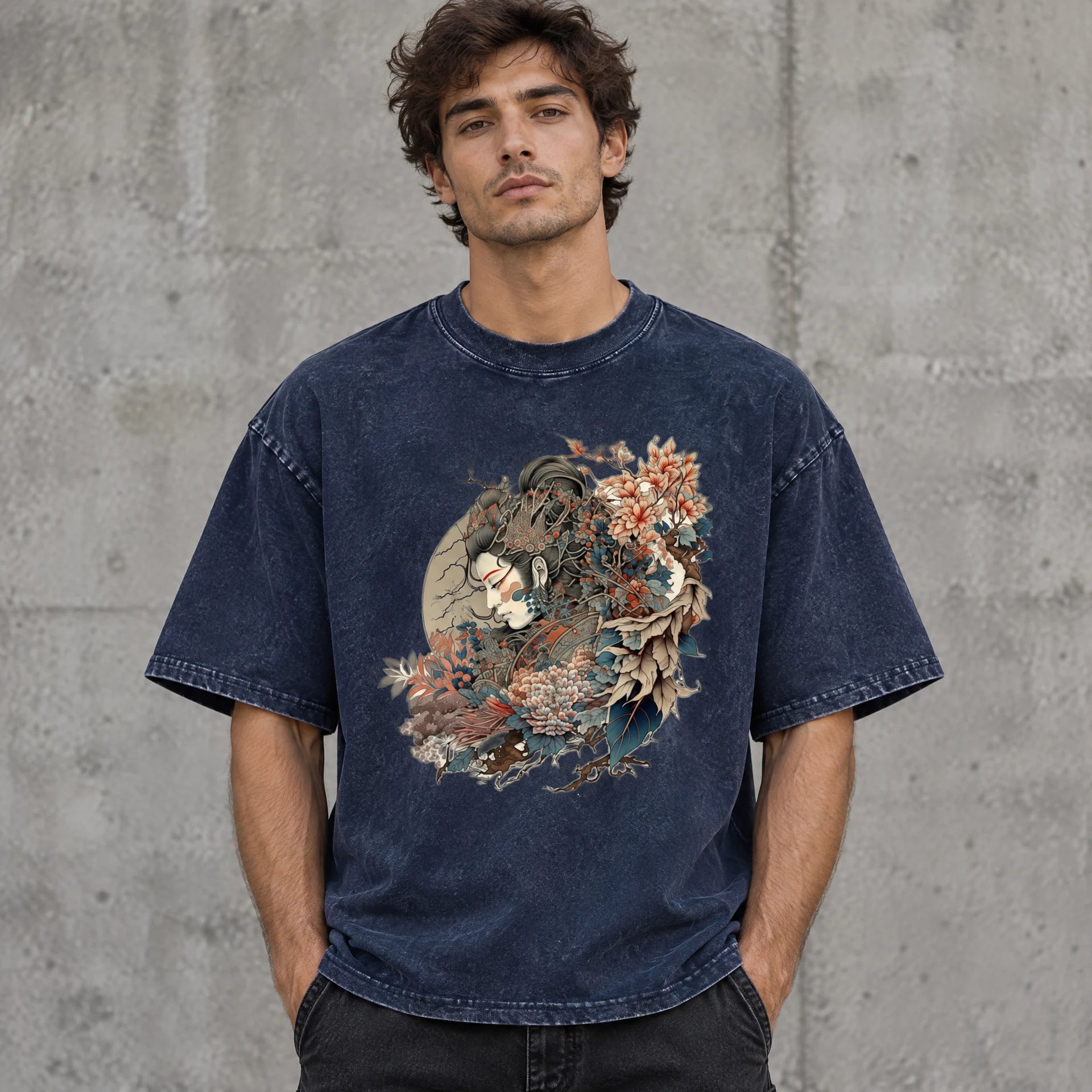 Pensive Blossom Tee in Royal Blue worn by a male streetwear model, with the exact supplied front graphic