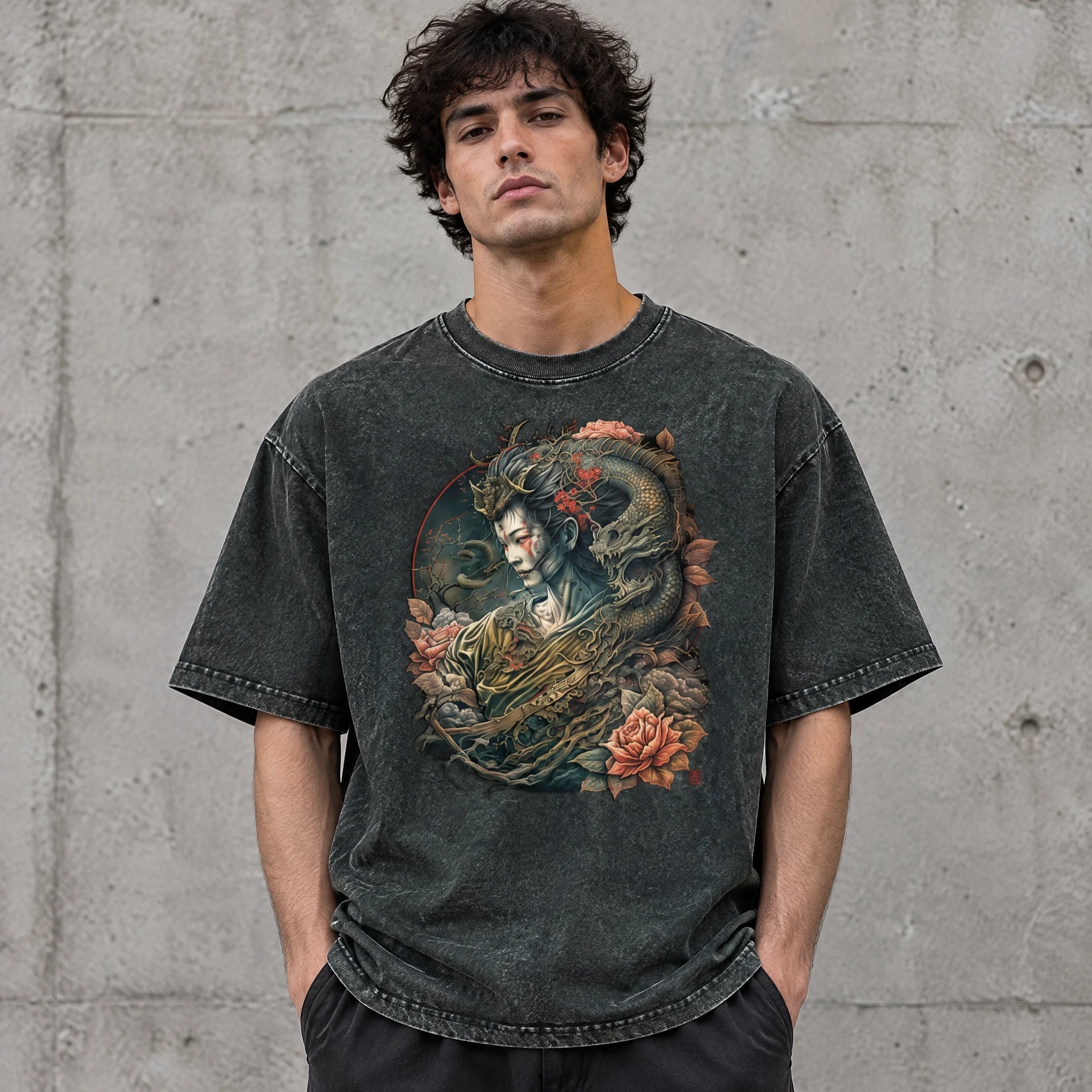 Dragon Girl Tee in Blackish Green worn by a male streetwear model, with the exact supplied front graphic