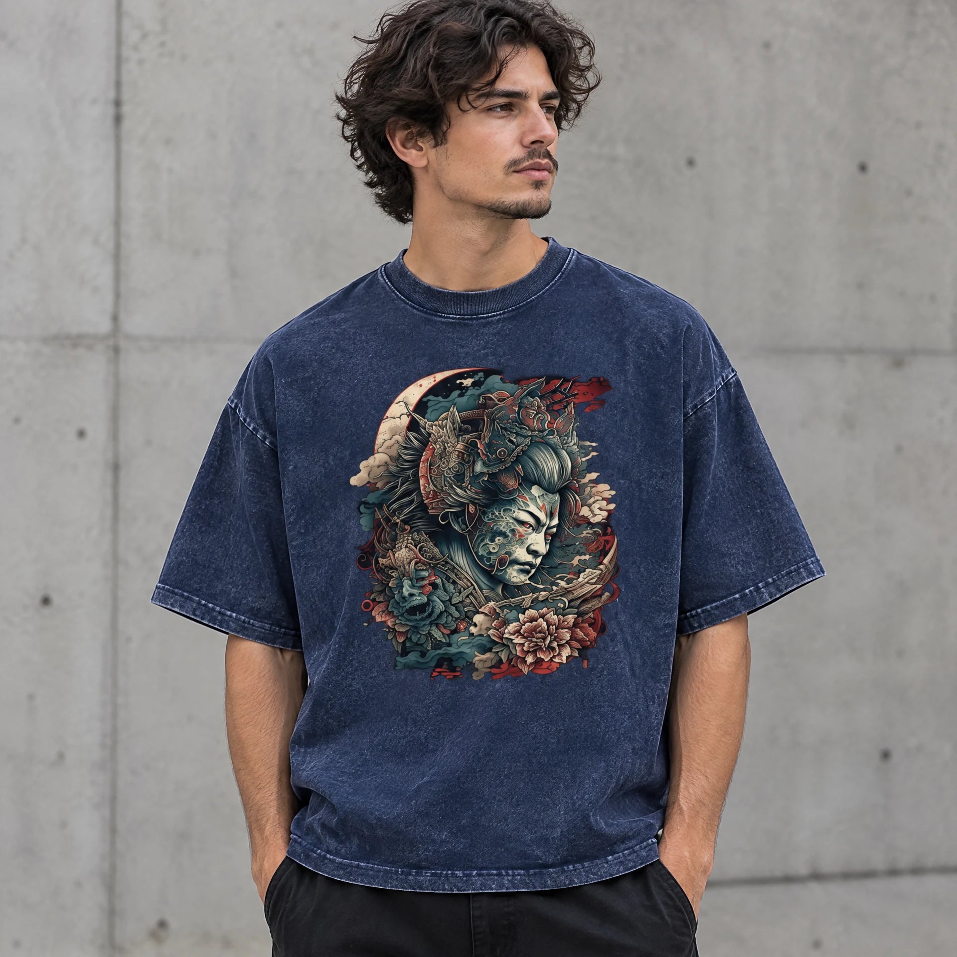 Dark Bloom Tee in Royal Blue worn by a male streetwear model, with the exact supplied front graphic