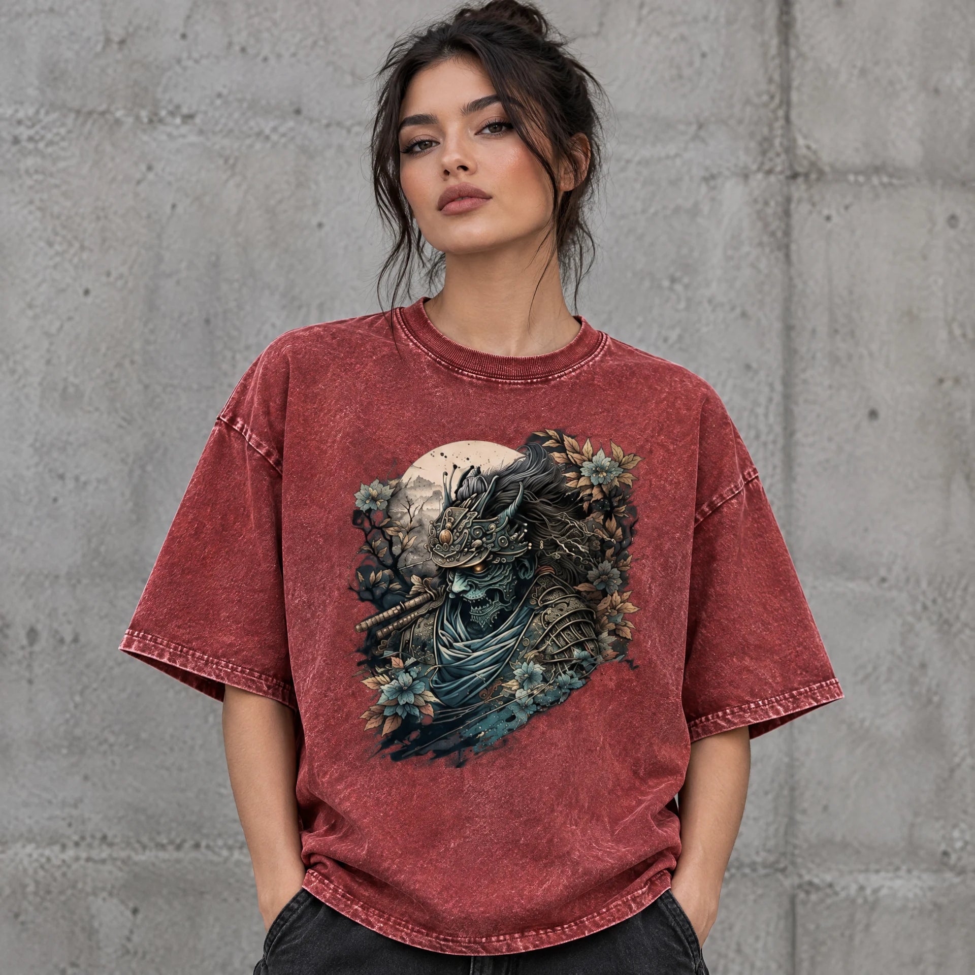 Midnight Ninja Tee in Red worn by a female streetwear model, with the exact supplied front graphic