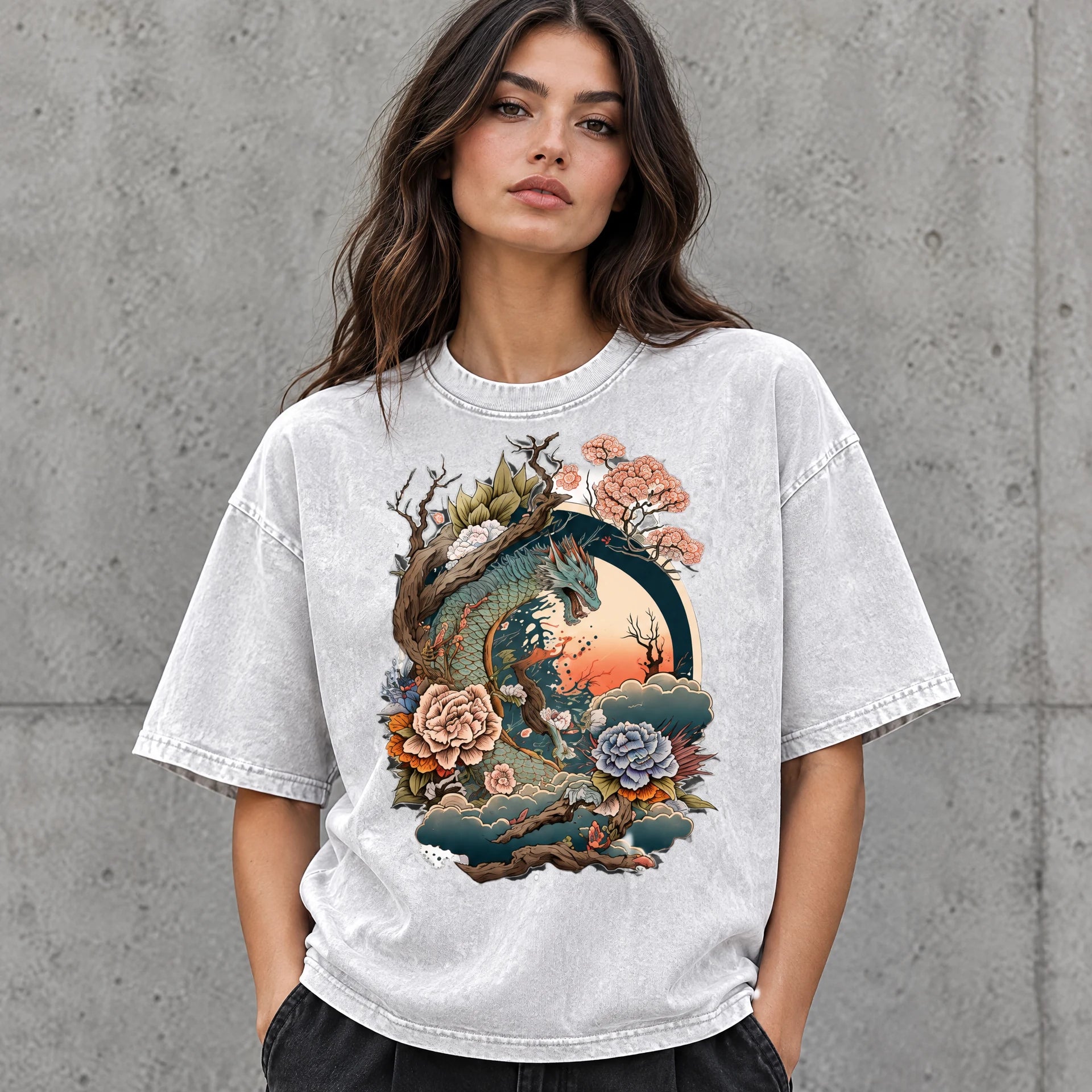 Sunset Dragon Tee in White worn by a female streetwear model, with the exact supplied front graphic