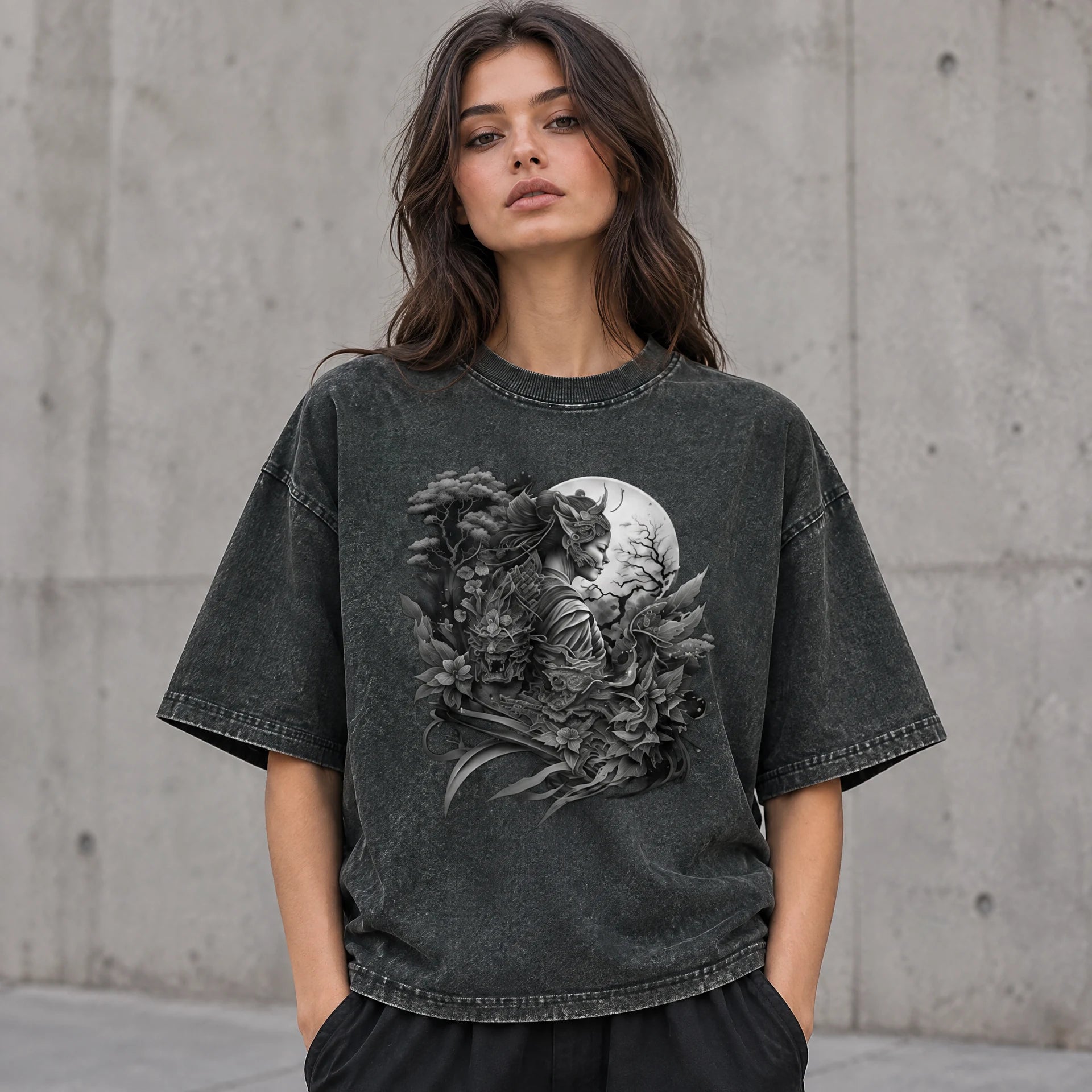 Night Ninja Tee in Blackish Green worn by a female streetwear model, with the exact supplied front graphic