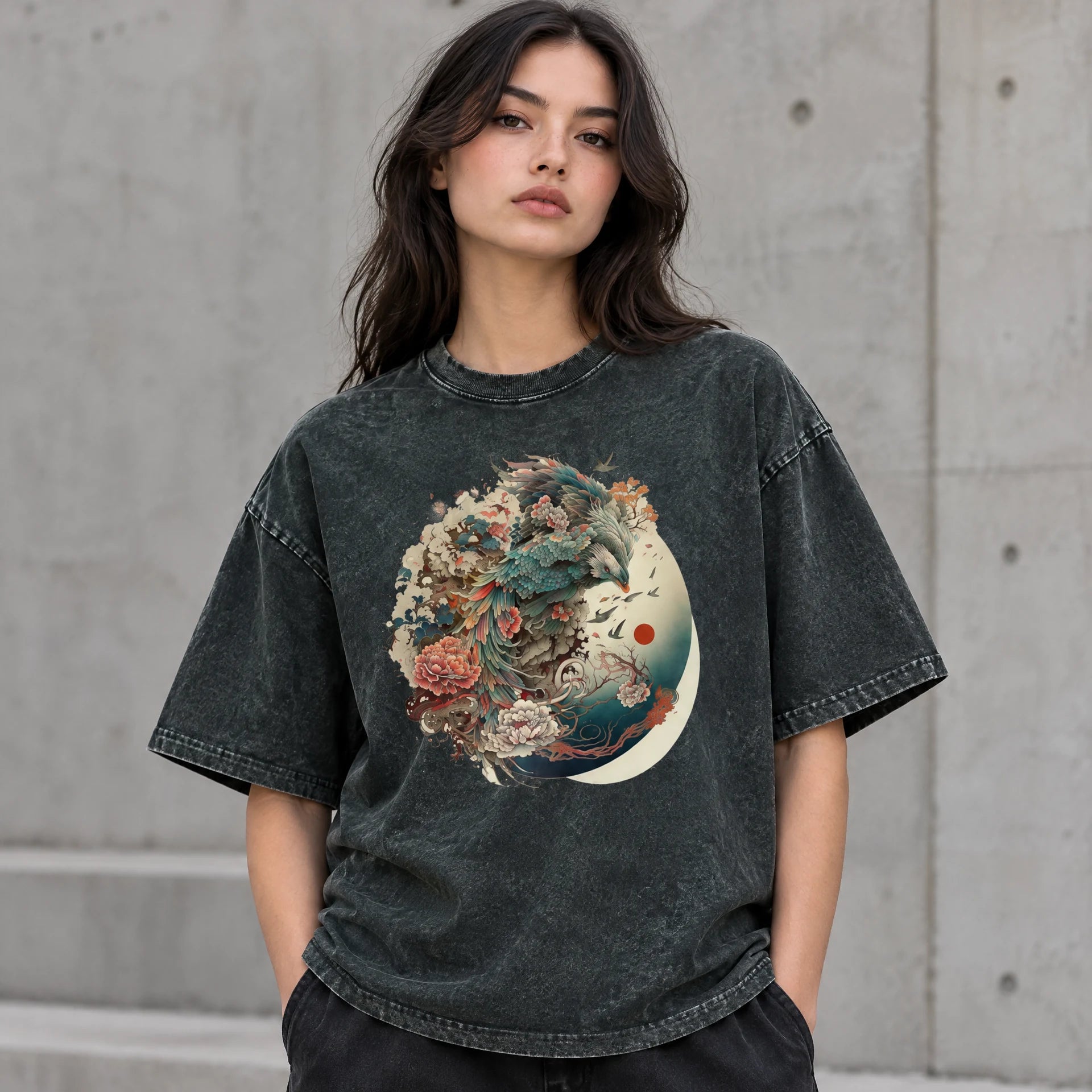 Bird Blossom Tee in Blackish Green worn by a female streetwear model, with the exact supplied front graphic
