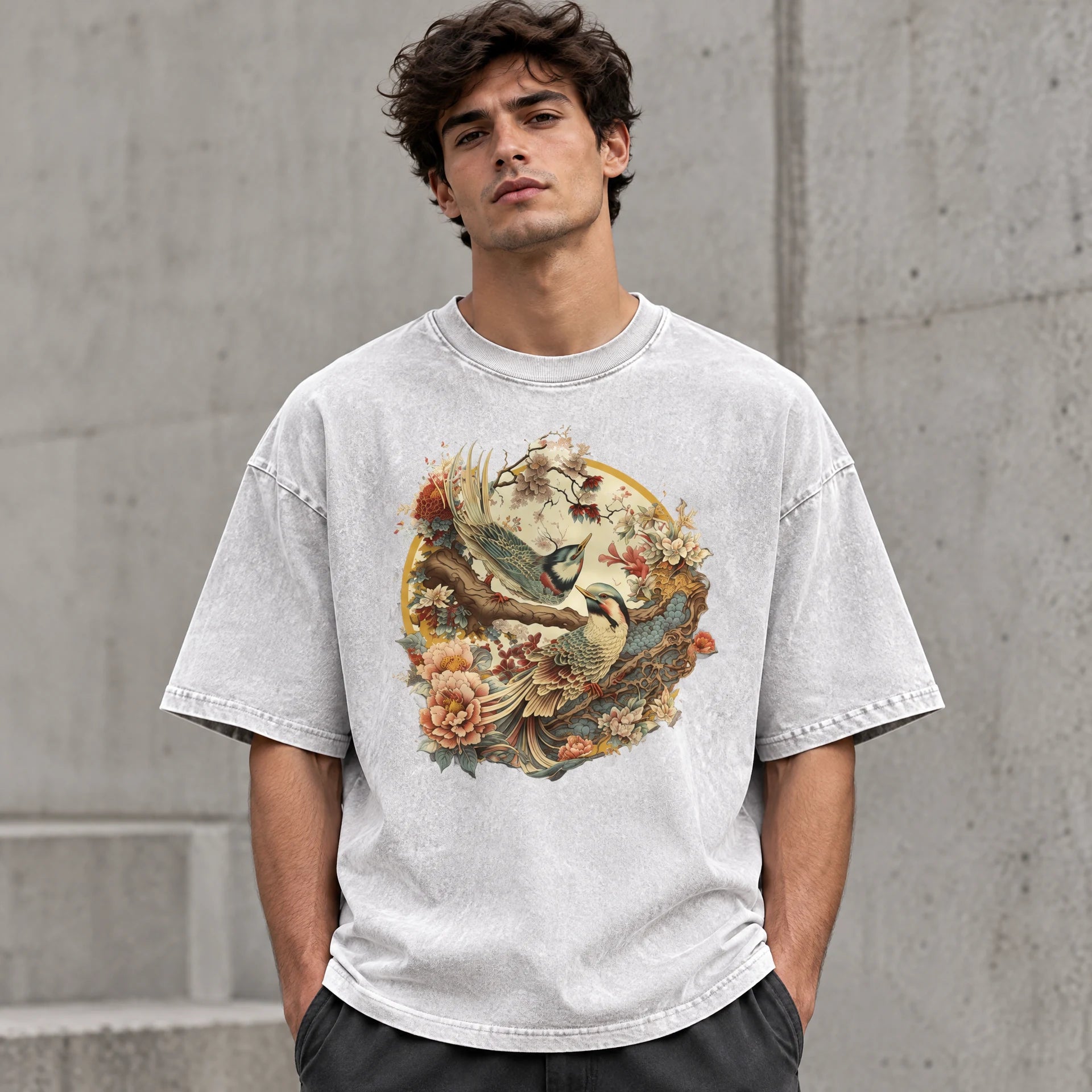 Bird Bloom Tee in White worn by a male streetwear model, with the exact supplied front graphic