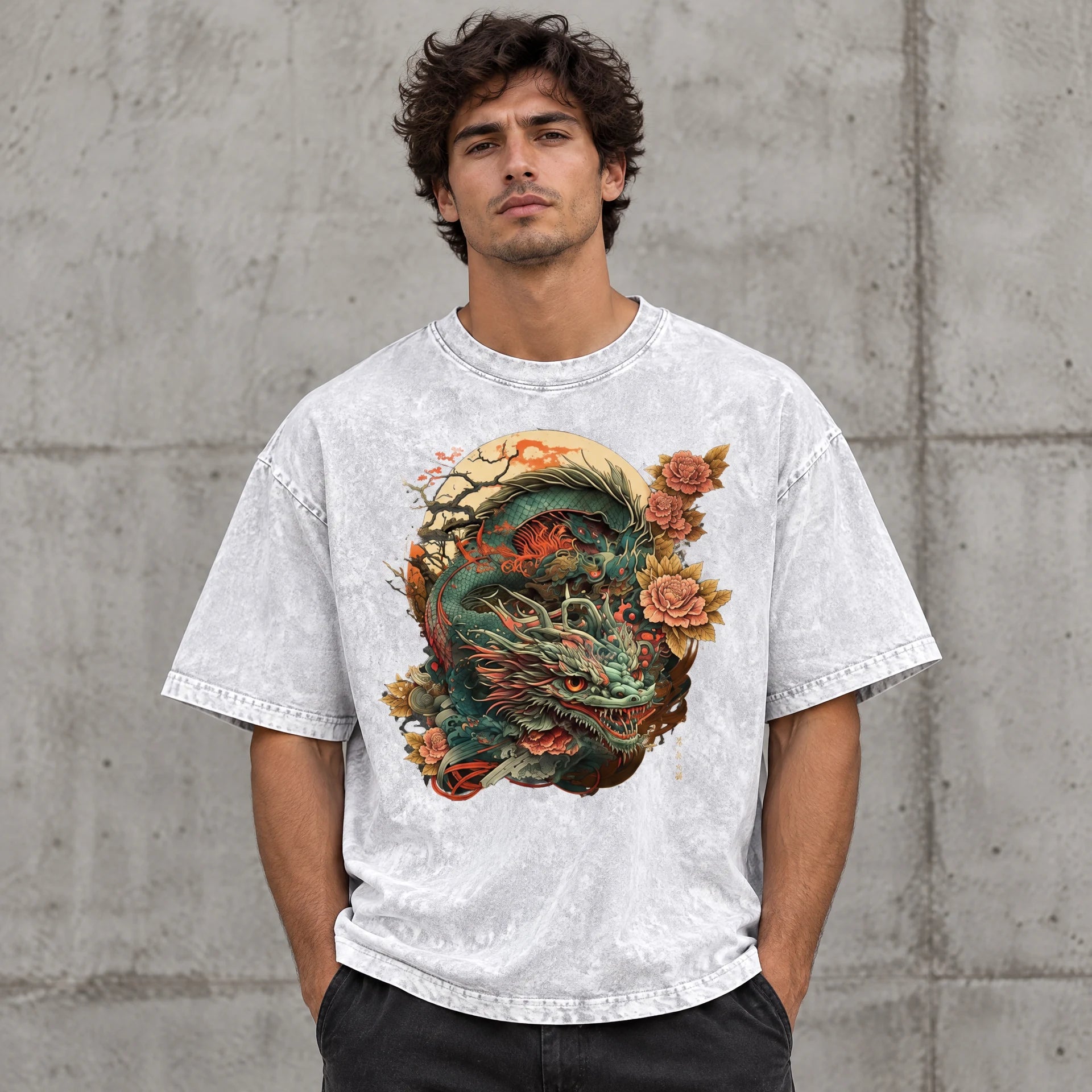 Moon Dragon Bloom Tee in White worn by a male streetwear model, with the exact supplied front graphic