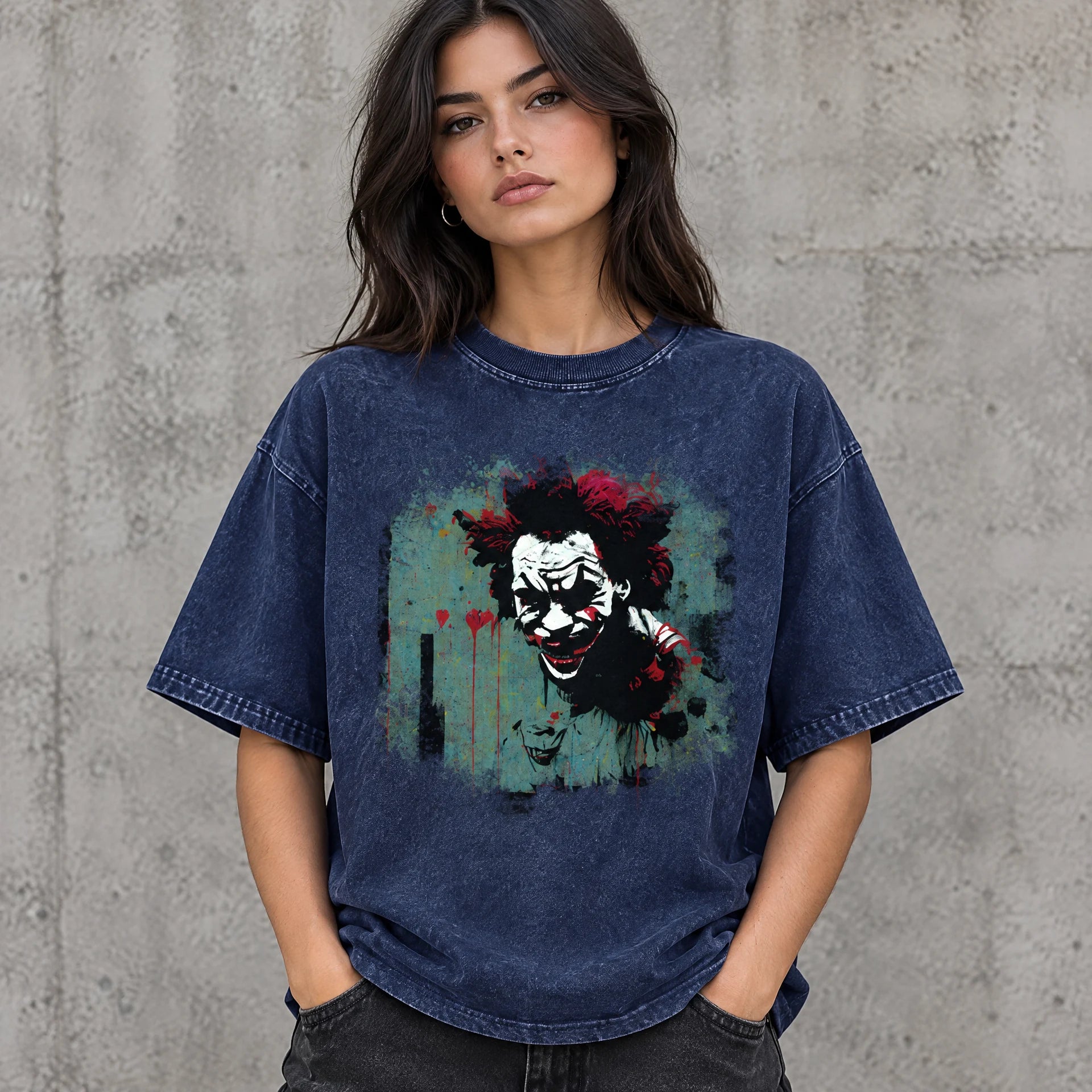 Evil Clown Tee in Royal Blue worn by a female streetwear model, with the exact supplied front graphic