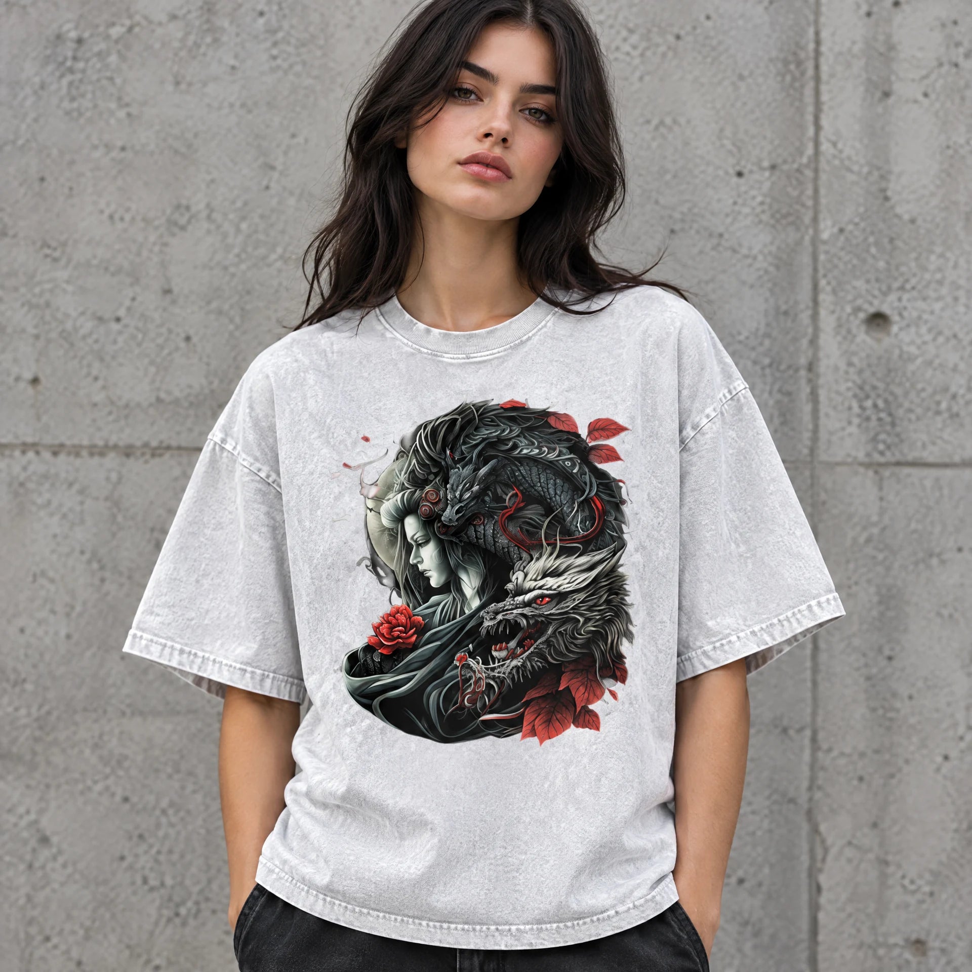 Dragon Girl Tee in White worn by a female streetwear model, with the exact supplied front graphic