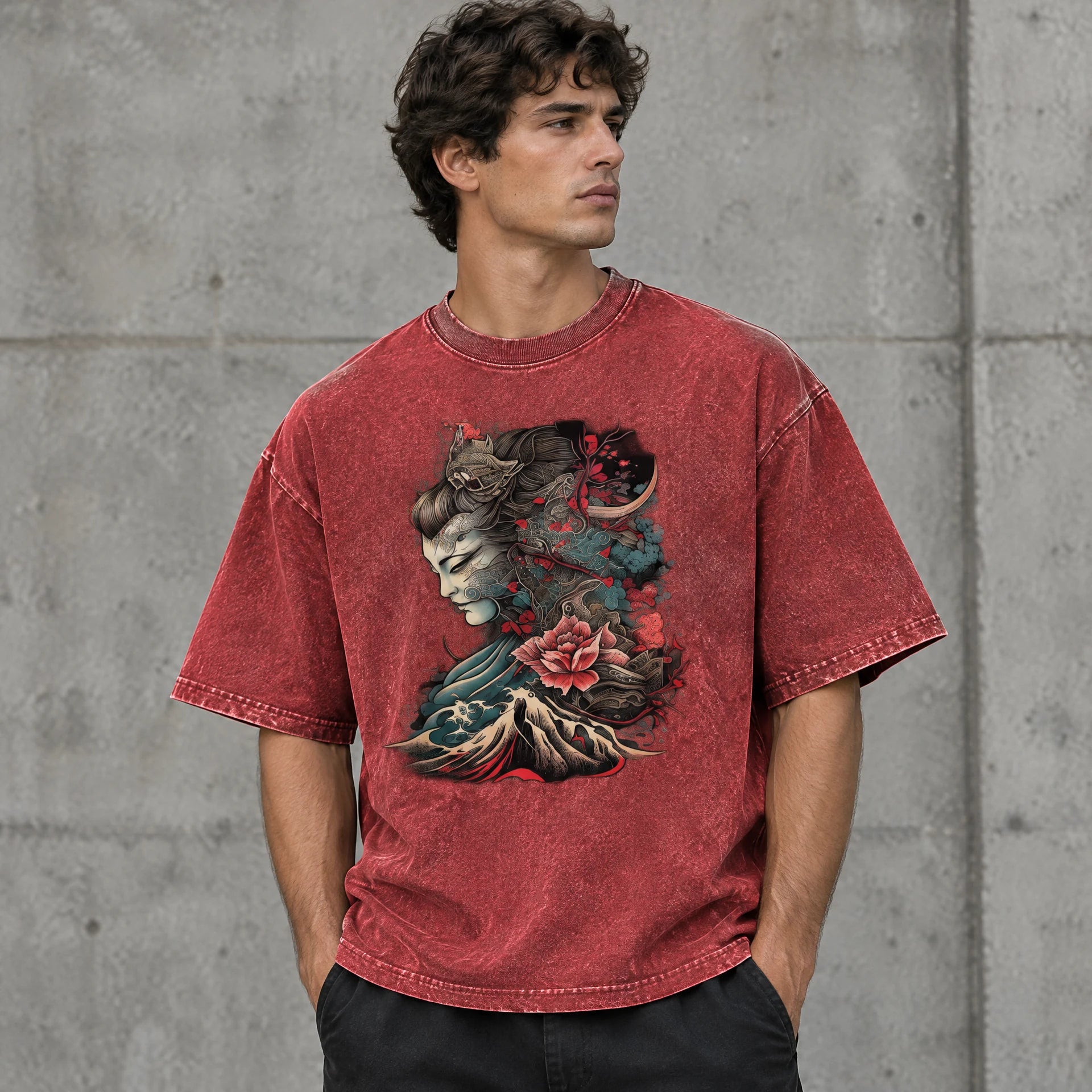 Sea Bloom Thinker Tee in Red worn by a male streetwear model, with the exact supplied front graphic