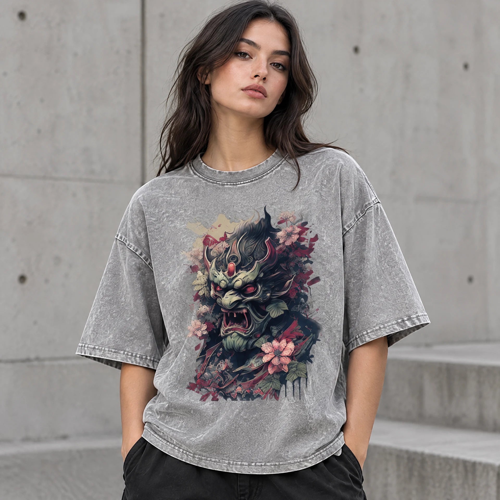 Devil Bloom Tee in Light Gray worn by a female streetwear model, with the exact supplied front graphic