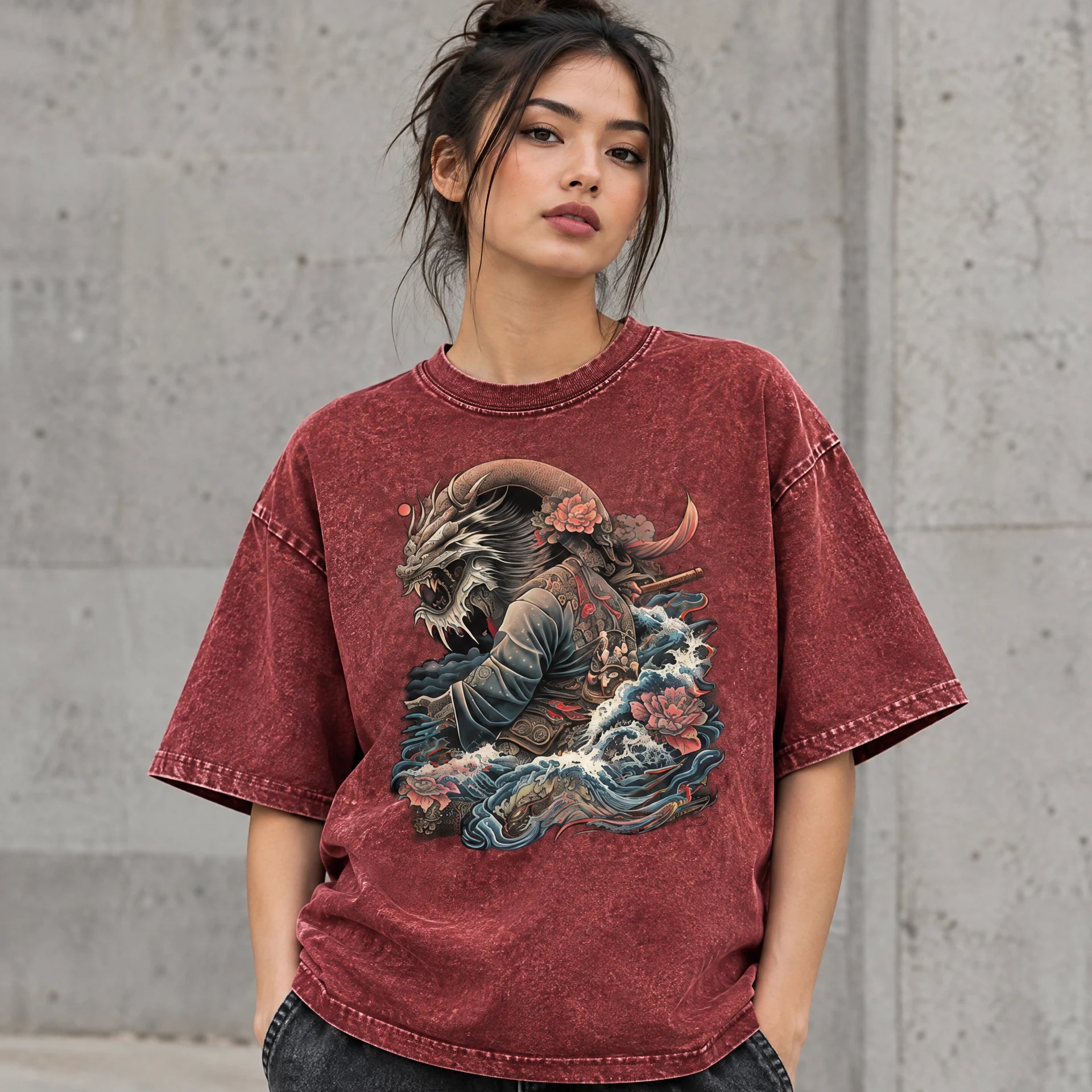 Angry Sea Dragon Tee in Red worn by a female streetwear model, with the exact supplied front graphic
