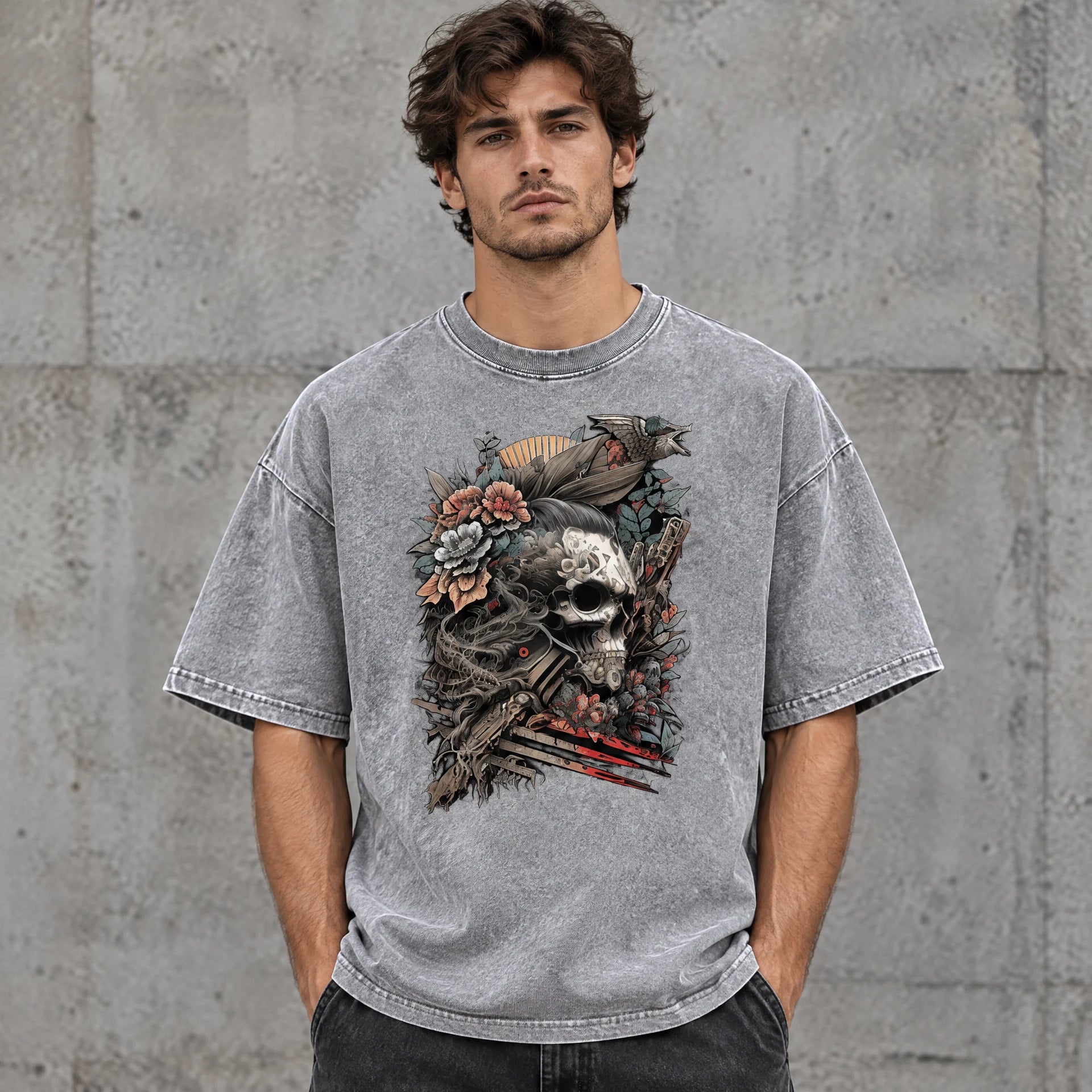 Flowered Skull Tee in Light Gray worn by a male streetwear model, with the exact supplied front graphic