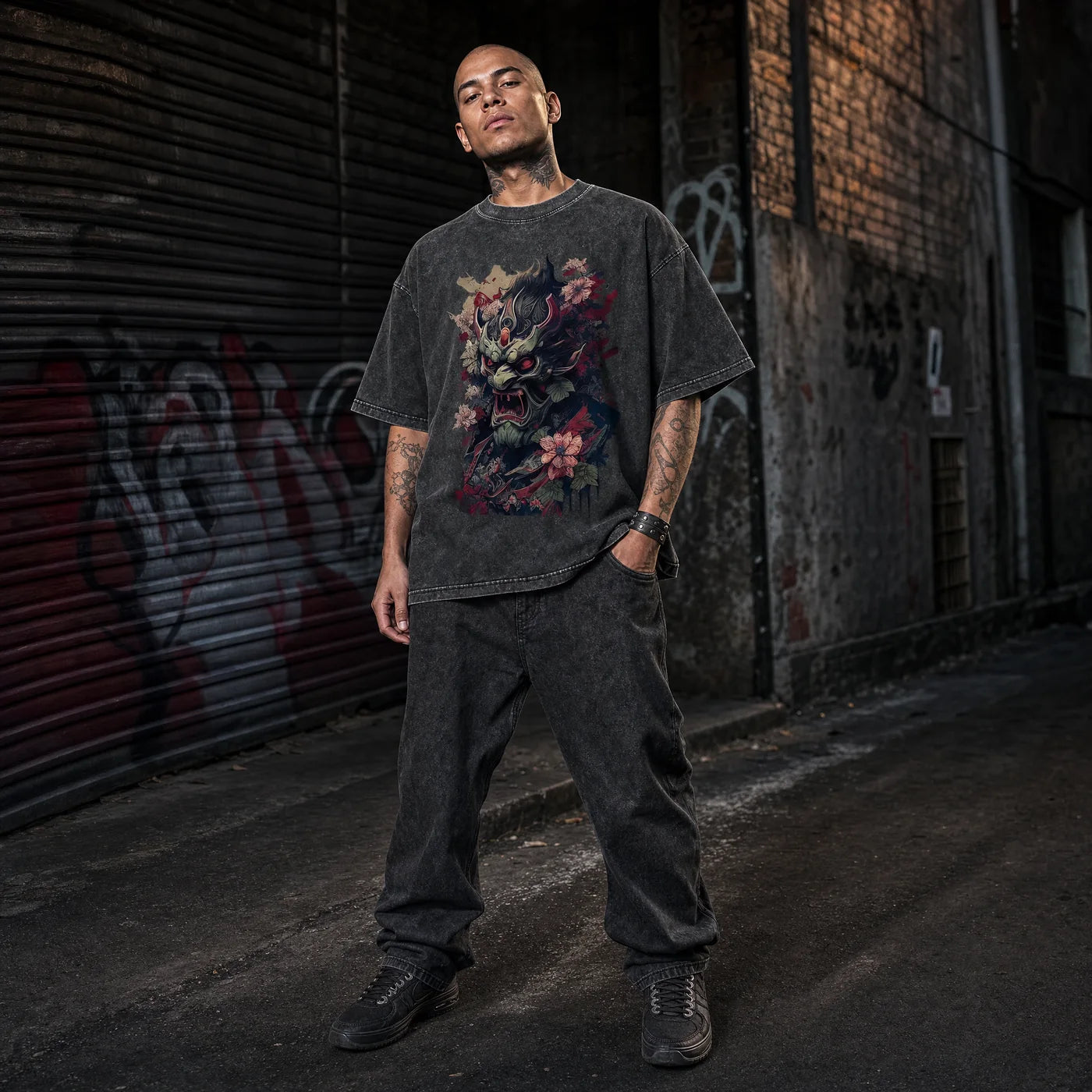 Oni design in an industrial alley