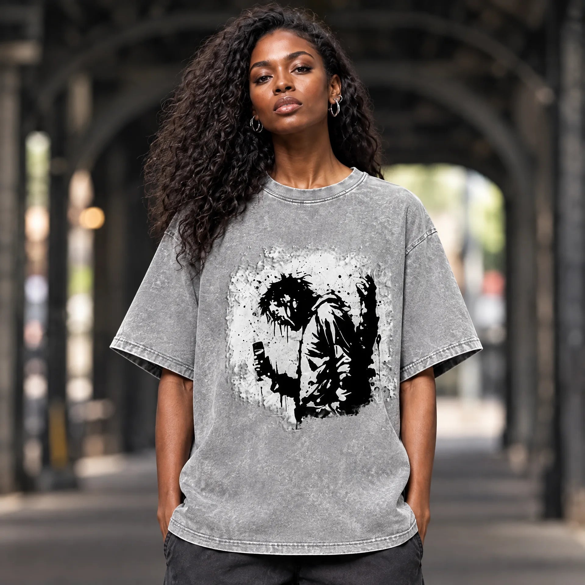 Phone Signal Tee in light gray with its black-and-white chest graphic