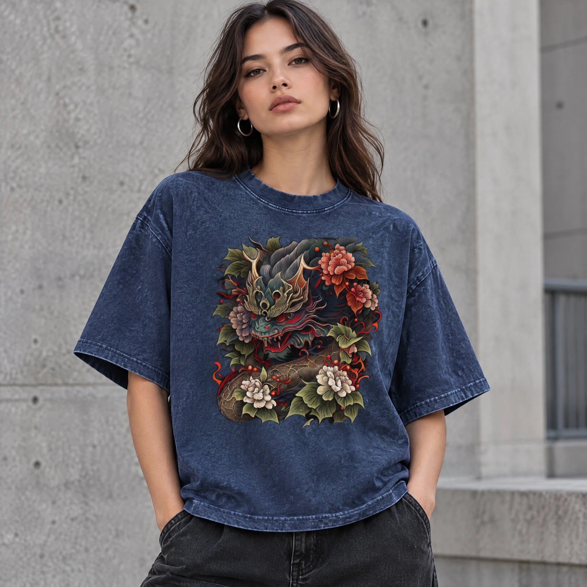 Red Dragon Signal Tee in Royal Blue worn by a female streetwear model, with the exact supplied front graphic