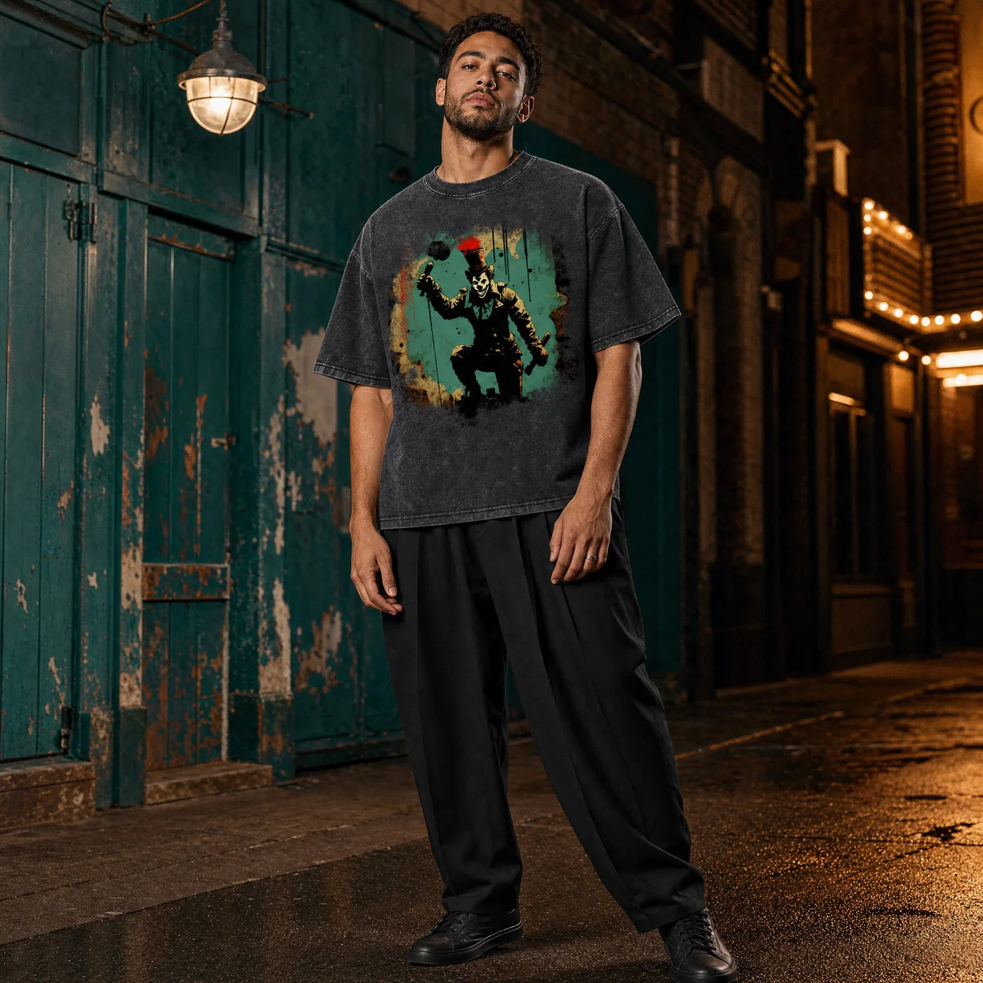 Midnight Ringleader Tee in a theatre district alley