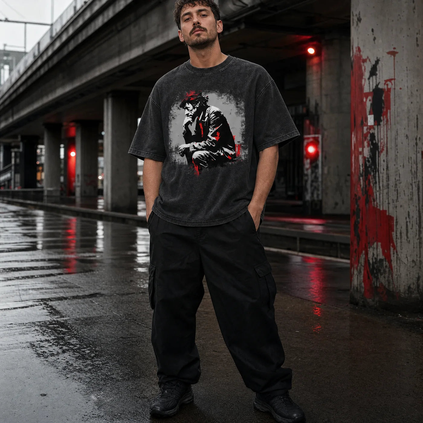 Thinker Street Study Tee worn beside an elevated rail line